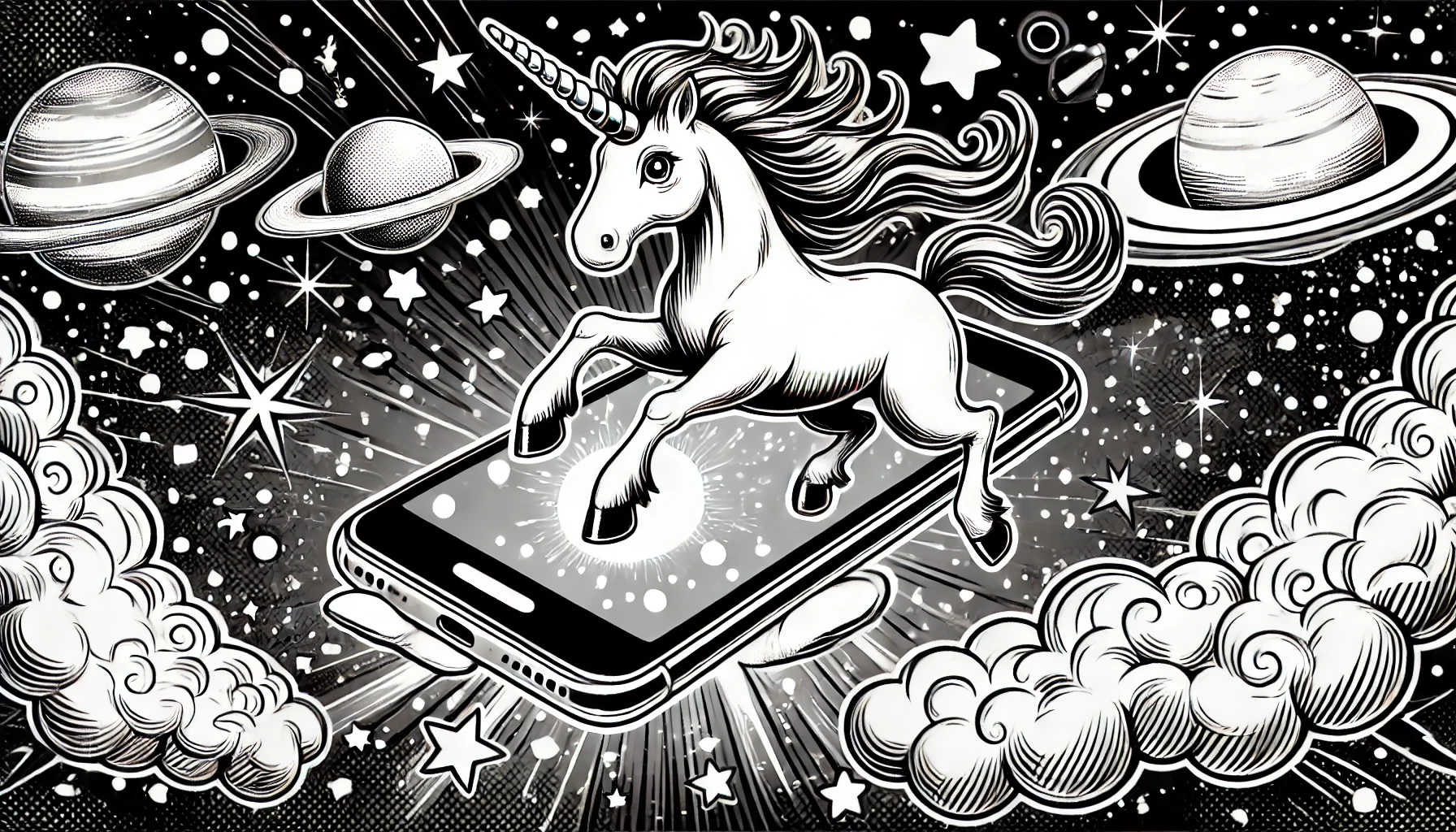 A black-and-white, comic-style scene featuring a playful unicorn floating in outer space