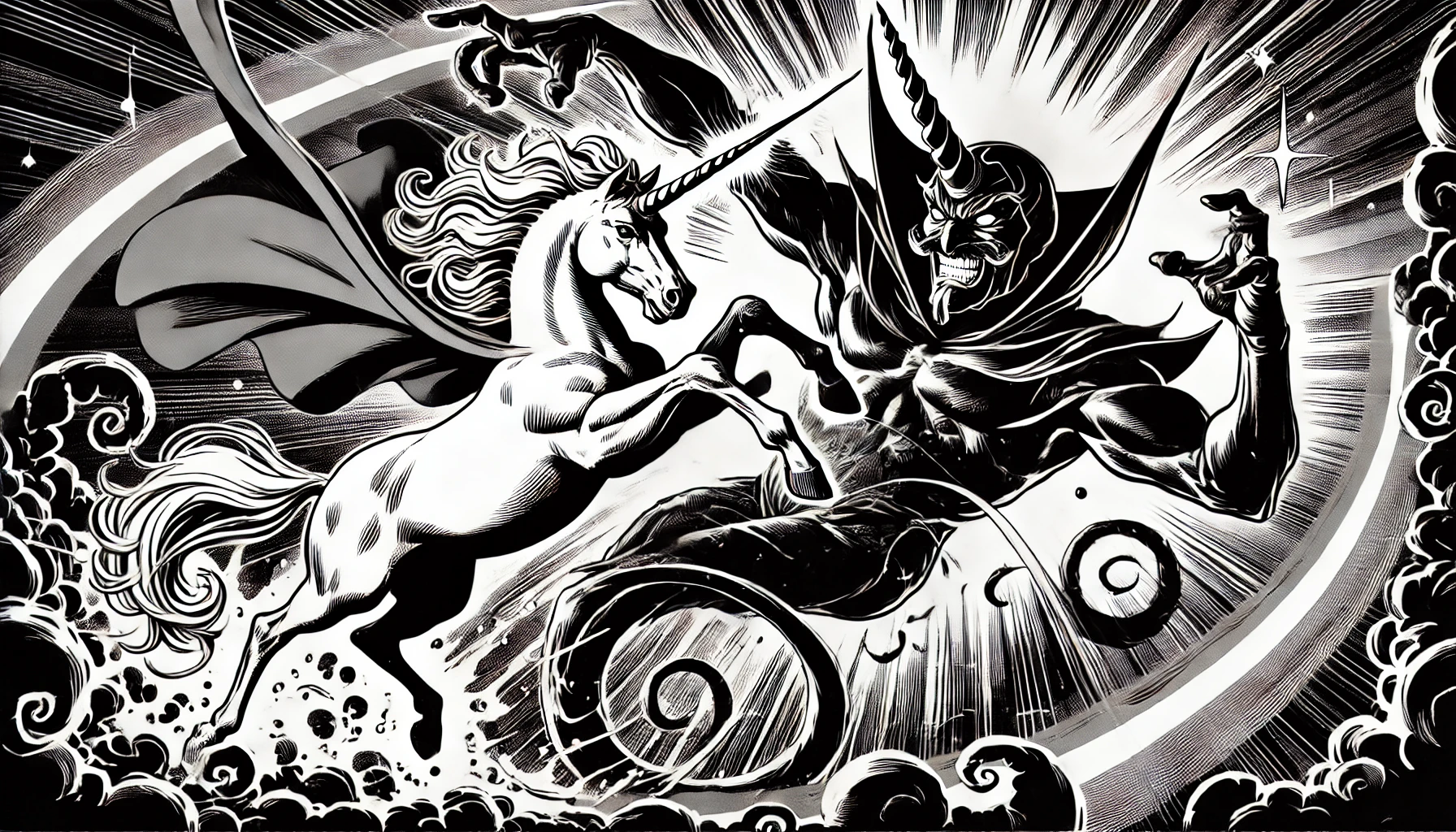 a unicorn fighting against pure evil, portrayed as a dark, shadowy figure