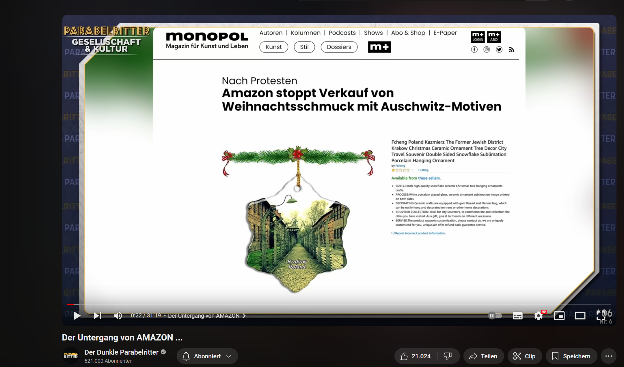 Medienbrüche: Screenshot der Website im Video, davon der Screenshot des Artikels von Monopol zum Handel mit Weihnachtsschmuck mit Auschwitz-Motiven auf Amazon