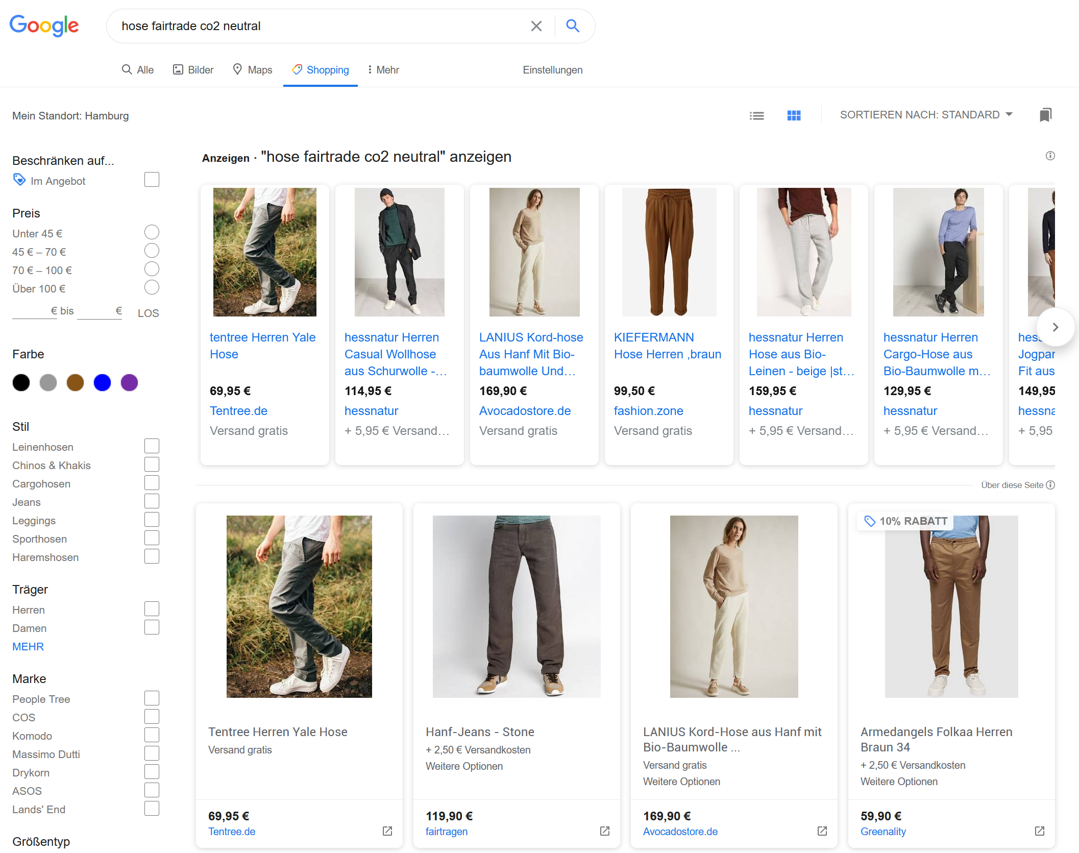 Hosensuche mit Google-Shopping